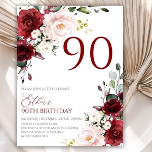 90th Birthday Invitation, Birthday Party Invitations, Burgundy Floral Birthday Invite, Editable Template, Instant Download, 63BI