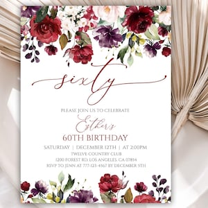 Editable 60th Birthday Invitation Template, Birthday Party Digital Invitations for Women, Floral 60th Birthday Invite for Her, 62BI