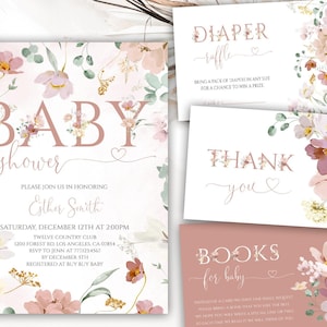 Watercolor Pressed Flowers Girl Baby Shower Invitation Bundle, Wildflower Baby Shower Invite, Editable Template, Instant Download, 51BB