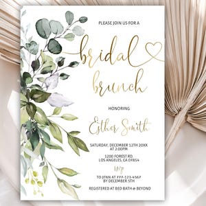Bridal Brunch Invitation, Greenery Bridal Shower Brunch Invitation, Botanical Bridal Shower Invite, Eucalyptus Wedding Shower, Editable, 09b