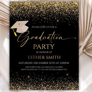 Editable Graduation Announcement, Graduation Party Invitation Template, Black and Gold Glitter Graduation Party Invite, 60GI