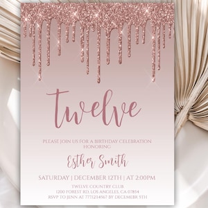 12th Birthday Invitation, Rose Gold Birthday Invitations, Teen Birthday Invite, Editable Template, Instant Download, Printable, Girl, 26BI