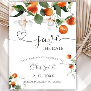 Bearbeitbare kleine Cutie-Babyparty-Abwehr das Datum, Orange Save The Date-Karten, Zitrus-Babypartyvorlage, sofortiger Download, Mandarine, 61BB