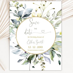 Editable Greenery Baby Shower Save The Date, Greenery Botanical Save The Date Cards, Greenery Gender Neutral Save The Date Template, B13B