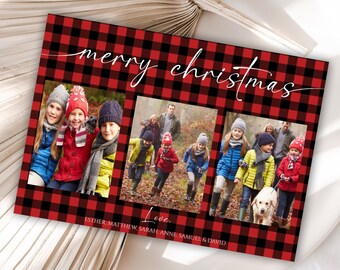 Editable Christmas Photo Card, Buffalo Plaid Christmas Photo Collage Card, Christmas Photo Card Template, 35C