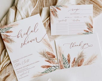 Boho Bridal Shower Invitation Set Terracotta Pampas Thank You Recipe Cards Editable Download 59BS