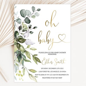Oh Baby Shower Invitation, Greenery Baby Shower Invite, Printable Baby Shower Invitation, Eucalyptus Shower, Green and Gold, 5B