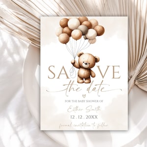 Editable Bear Balloons Baby Shower Save The Date, Teddy Bear Save The Date Cards, Gender Neutral Save The Date Template, 54BB