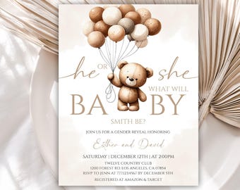 Editable Bear Balloons Gender Reveal Invitation, Teddy Bear Neutral Gender Reveal Invitation, He or She Gender Reveal Invitation, 54BB