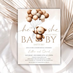 Editable Bear Balloons Gender Reveal Invitation, Teddy Bear Neutral Gender Reveal Invitation, He or She Gender Reveal Invitation, 54BB