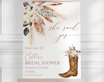 Letrero de bienvenida para despedida de soltera con temática vaquera, estilo bohemio, botas vaqueras, editable, descarga instantánea 65BS