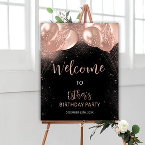 Birthday Welcome Sign, Rose Gold Glitter Balloons Birthday Party, Welcome Sign Template, Instant Download, Editable, Printable, 24BI