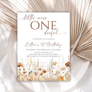 Editable Wildflower First Birthday Invitation, Little Miss Onederful Birthday Invitation, Boho 1st Birthday Invitation Template, 53W