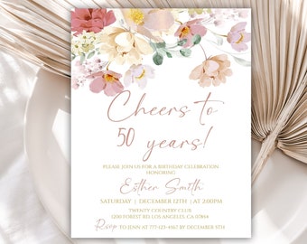 Custom 50th birthday Invitation for Women, Wildflower Birthday Invitation, Floral Birthday Invitation, Customized Birthday Invitation, 89BI