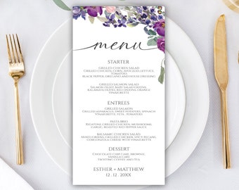 Editable Purple Floral Wedding Menu, Lavender Flower Wedding Menu Template, Wedding Menu Cards Digital Download, 36W