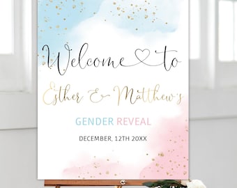 Gender Reveal-welkomstbord aquarel blauw roze bewerkbare Instant Download GR01