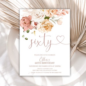 60th Birthday Invitation, Birthday Party Invitations for Women, Floral Birthday Invite for Her, Editable Template, Instant Download, 50BI