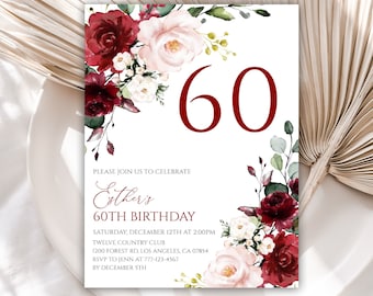 60th Birthday Invitation, Birthday Party Invitations, Burgundy Floral Birthday Invite, Red Flower, Editable Template, Instant Download, 63BI