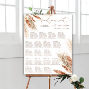Boho-bruiloft zitplaatsen grafieksjabloon, zitplaatsen grafiek bruiloft teken, pampa's gedroogde bloemen tafel zitplaatsen grafiek, terracotta bruiloft, bewerkbaar, 18W