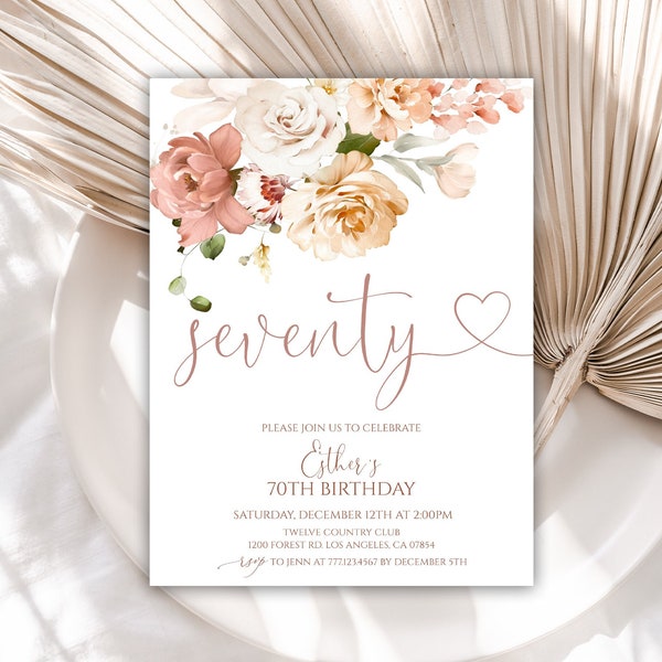 70th Birthday Invitation, Birthday Party Invitations for Women, Floral Birthday Invite for Her, Editable Template, Instant Download, 50BI