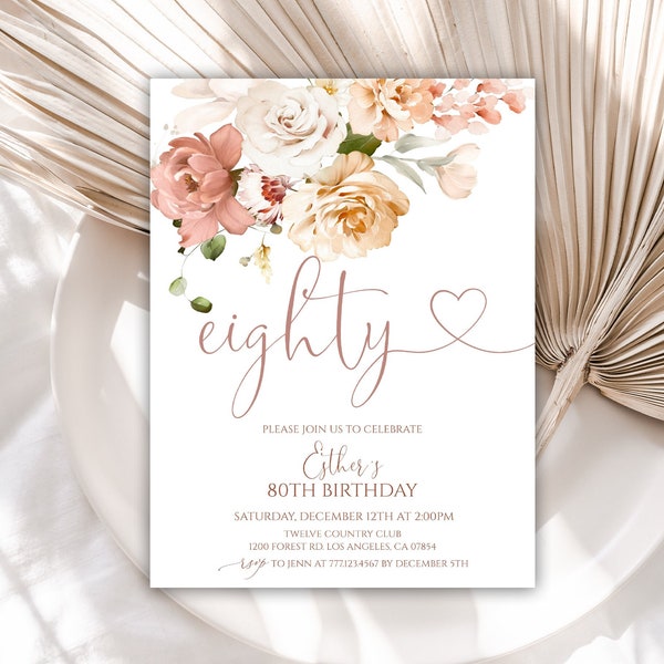 80th Birthday Invitation, Birthday Party Invitations for Women, Floral Birthday Invite for Her, Editable Template, Instant Download, 50BI