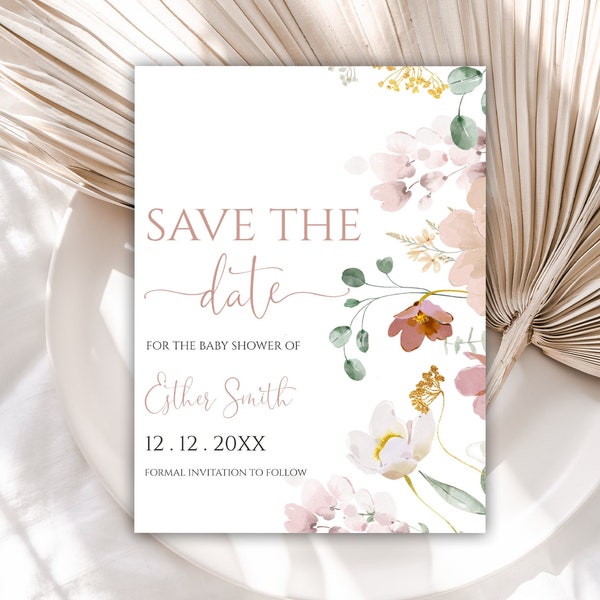 Editable Pressed Flowers Baby Shower Save The Date, Wildflower Save The Date Cards, Baby Shower Template, Instant Download, Watercolor, 59BB