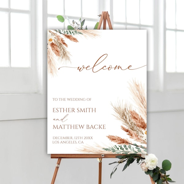 Boho Wedding Welcome Sign, Welcome Sign Wedding, Terracotta Wedding, Pampas Dried Flowers Welcome Poster, Editable Template, 18W