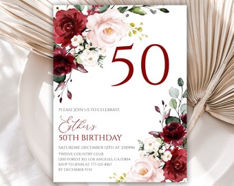 50th Birthday Invitation, Birthday Party Invitations, Burgundy Floral Birthday Invite, Editable Template, Instant Download, 63BI