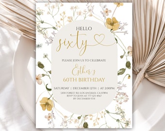 60th Birthday Invitation, Wildflower Birthday Invitations, Birthday Invite for Women, Editable Template, Instant Download, Digital, 60BI