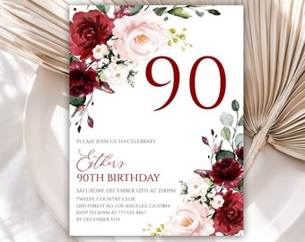 90th Birthday Invitation, Birthday Party Invitations, Burgundy Floral Birthday Invite, Editable Template, Instant Download, 63BI