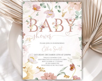 Watercolor Pressed Flowers Baby Shower Invitation Girl, Wildflower Baby Shower Invite, Editable Template, Instant Download, Printable, 51BB