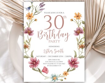 30th Birthday Invitation, Birthday Invitations, Wildflower Birthday Invite, Editable Template, Instant Download, Printable, 28BI