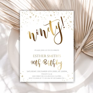 Editable 90th Birthday Invitation Template, White Gold Ninety Birthday Party Invite, Digital Invitations, Instant Download, 87BI