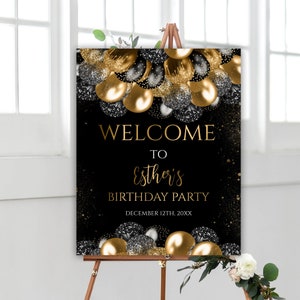 Printable Birthday Welcome Sign, Black and Gold Glitter Balloons Birthday Party, Welcome Sign Template, Digital Download, Editable, 81BI