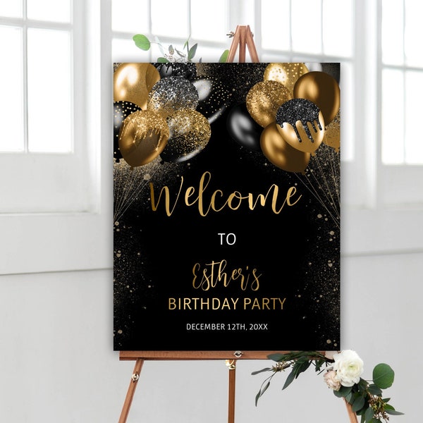 Birthday Welcome Sign, Black and Gold Glitter Balloons Birthday Party, Welcome Sign Template, Instant Download, Editable, 53