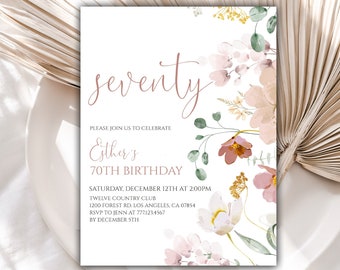 Printable Watercolor Flowers Birthday Invitation, Wildflower 70th Birthday Invite, Instant Download, Editable Template, Digital, 75BI