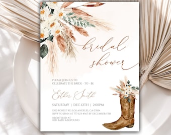 Boho Bridal Shower Invitation Instant Download, Cowgirl Boots Bridal Shower Invite, Editable Template, Cowboy, Digital, 65BS
