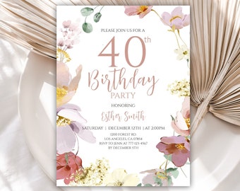 Watercolor Pressed Flowers Birthday Invitation, Wildflower 40th Birthday Invite, Instant Download, Editable Template, Digital, 76BI