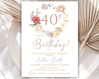 Custom 40th birthday Invitation, Wildflower Birthday Invitation, Customized Floral Birthday Invitation for Women, 90BI