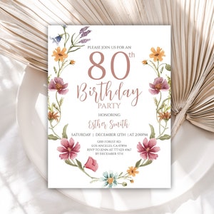 80th Birthday Invitation, Birthday Invitations, Wildflower Birthday Invite, Editable Template, Instant Download, Printable, 28BI