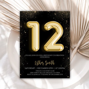 12th Birthday Invitation, Editable Birthday Invitations, Teen Birthday Invitation, Black and Gold Birthday Invite, Instant Download, Digital