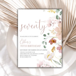 Printable Watercolor Flowers Birthday Invitation, Wildflower 70th Birthday Invite, Instant Download, Editable Template, Digital, 75BI