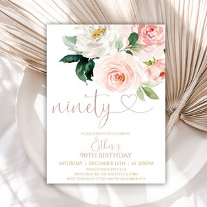 90th Birthday Invitation, Flower Birthday Party Invitations, Floral Birthday Invite for Women, Editable Template, Instant Download, 52BI