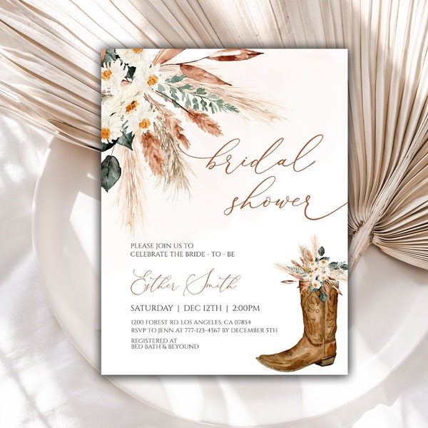 Boho Bridal Shower Invitation Instant Download, Cowgirl Boots Bridal Shower Invite, Editable Template, Cowboy, Digital, 65BS