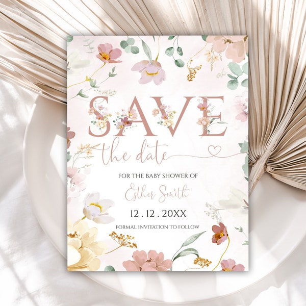 Watercolor Pressed Flowers Save The Date, Wildflower Save The Date Cards, Girl Baby Shower, Instant Download, Editable Template, 51BB