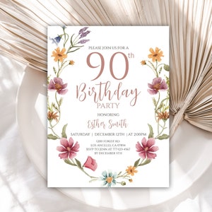 90th Birthday Invitation, Birthday Invitations, Wildflower Birthday Invite, Editable Template, Instant Download, Printable, 28BI