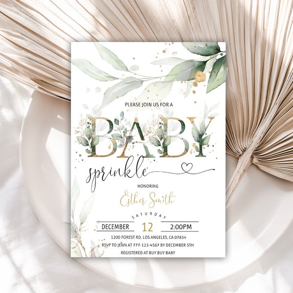 Baby Sprinkle Invitation, Baby Sprinkle Shower Invitation, Greenery Baby Shower Invite, Printable, Editable Template, Digital Download 4B