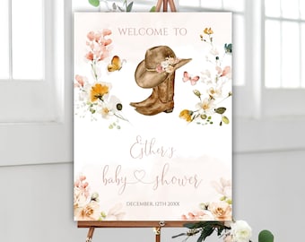 Welkomstbord voor een babyshower in cowgirl-stijl met cowboylaarzen (direct te downloaden)