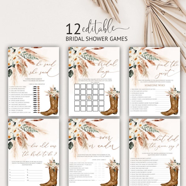 Editable Boho Bridal Shower Games Printable, Cowgirl Boots Wedding Shower Games Bundle, Bridal Party Games, Instant Download, Cowboy, 65BS