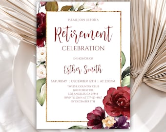 Retirement Invitation for Women, Burgundy Flower Retirement Party Invitation for Her, Red Rose, Editable Template, Instant Download, 24RI